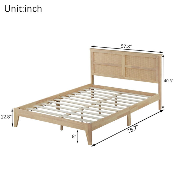 English Elm Full Platform Bed Solid Rubberwood Frame Woven Rattan Headboard Coastal Organic Bedroom W504P426264