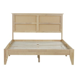 English Elm Full Platform Bed Solid Rubberwood Frame Woven Rattan Headboard Coastal Organic Bedroom W504P426264