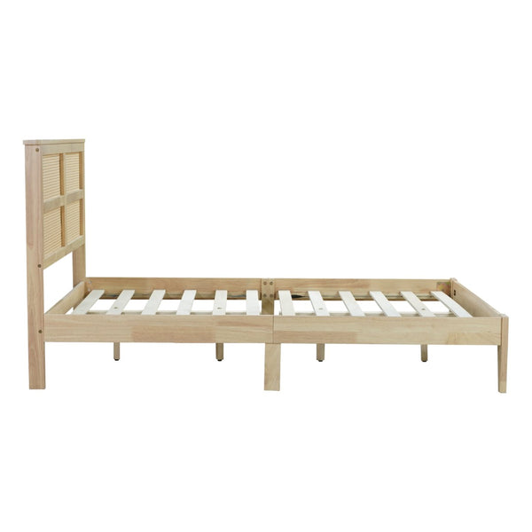 English Elm Full Platform Bed Solid Rubberwood Frame Woven Rattan Headboard Coastal Organic Bedroom W504P426264
