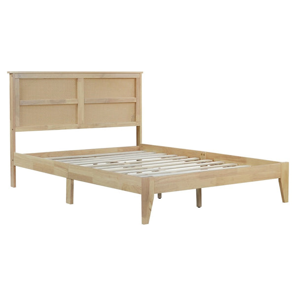 English Elm Full Platform Bed Solid Rubberwood Frame Woven Rattan Headboard Coastal Organic Bedroom W504P426264