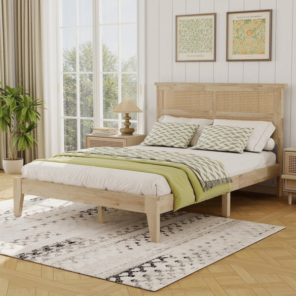English Elm Full Platform Bed Solid Rubberwood Frame Woven Rattan Headboard Coastal Organic Bedroom W504P426264