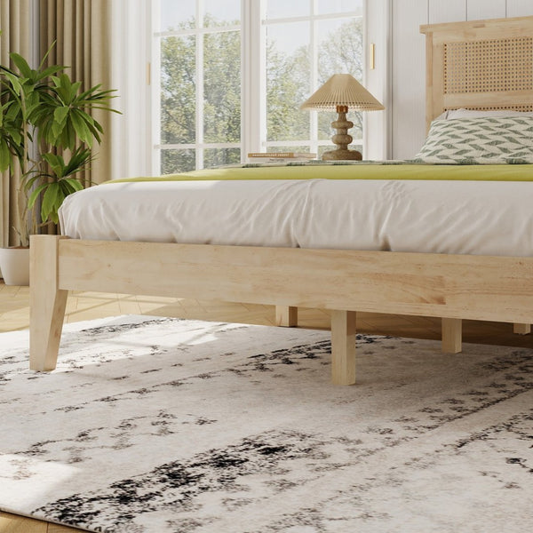 English Elm Full Platform Bed Solid Rubberwood Frame Woven Rattan Headboard Coastal Organic Bedroom W504P426264