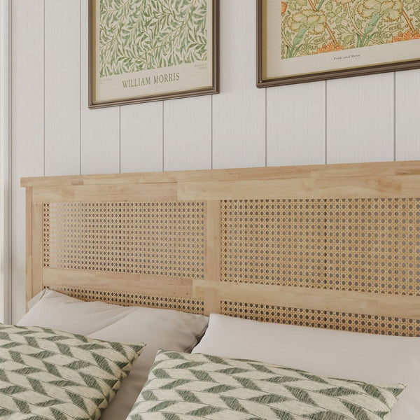 English Elm Full Platform Bed Solid Rubberwood Frame Woven Rattan Headboard Coastal Organic Bedroom W504P426264