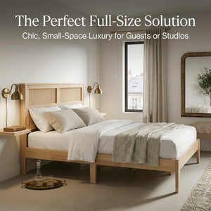 English Elm Full Platform Bed Solid Rubberwood Frame Woven Rattan Headboard Coastal Organic Bedroom W504P426264