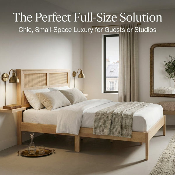 English Elm Full Platform Bed Solid Rubberwood Frame Woven Rattan Headboard Coastal Organic Bedroom W504P426264