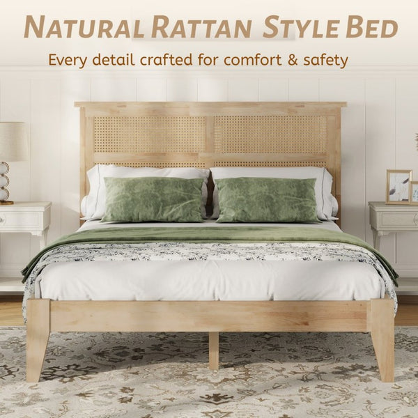 English Elm Full Platform Bed Solid Rubberwood Frame Woven Rattan Headboard Coastal Organic Bedroom W504P426264