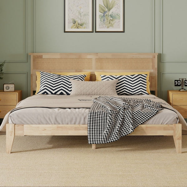 English Elm King Rubberwood Platform Bed with Woven Rattan Headboard for Coastal Boho Bedrooms W504P444380