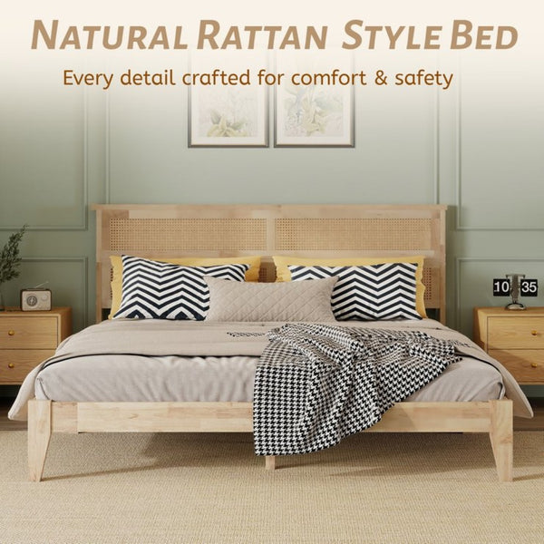 English Elm King Rubberwood Platform Bed with Woven Rattan Headboard for Coastal Boho Bedrooms W504P444380