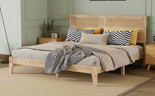 English Elm King Rubberwood Platform Bed with Woven Rattan Headboard for Coastal Boho Bedrooms W504P444380
