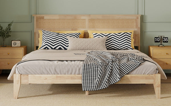 English Elm King Rubberwood Platform Bed with Woven Rattan Headboard for Coastal Boho Bedrooms W504P444380