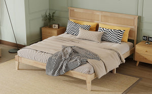 English Elm King Rubberwood Platform Bed with Woven Rattan Headboard for Coastal Boho Bedrooms W504P444380