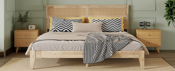 English Elm King Rubberwood Platform Bed with Woven Rattan Headboard for Coastal Boho Bedrooms W504P444380