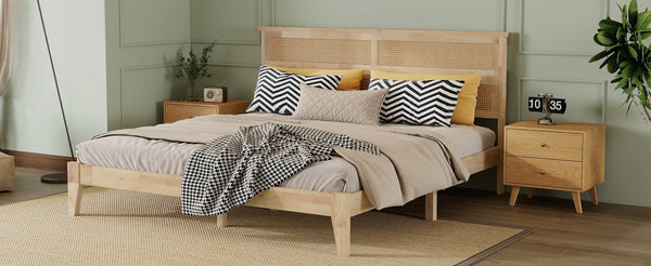 English Elm King Rubberwood Platform Bed with Woven Rattan Headboard for Coastal Boho Bedrooms W504P444380
