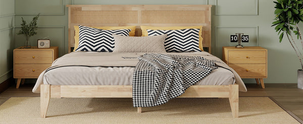 English Elm King Rubberwood Platform Bed with Woven Rattan Headboard for Coastal Boho Bedrooms W504P444380