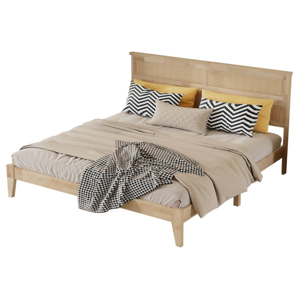 English Elm King Rubberwood Platform Bed with Woven Rattan Headboard for Coastal Boho Bedrooms W504P444380