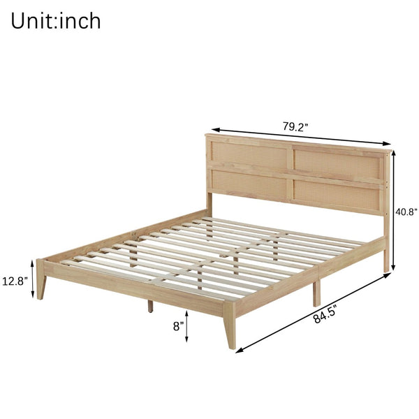 English Elm King Rubberwood Platform Bed with Woven Rattan Headboard for Coastal Boho Bedrooms W504P444380