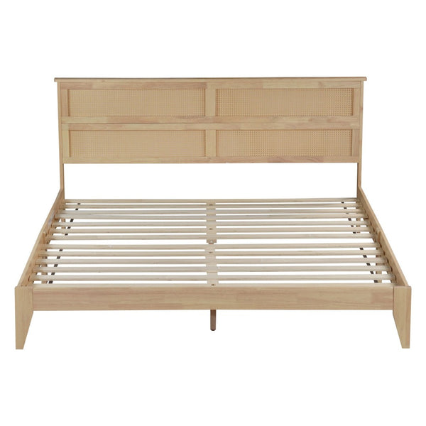 English Elm King Rubberwood Platform Bed with Woven Rattan Headboard for Coastal Boho Bedrooms W504P444380