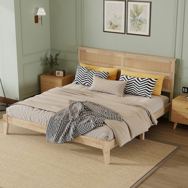 English Elm King Rubberwood Platform Bed with Woven Rattan Headboard for Coastal Boho Bedrooms W504P444380