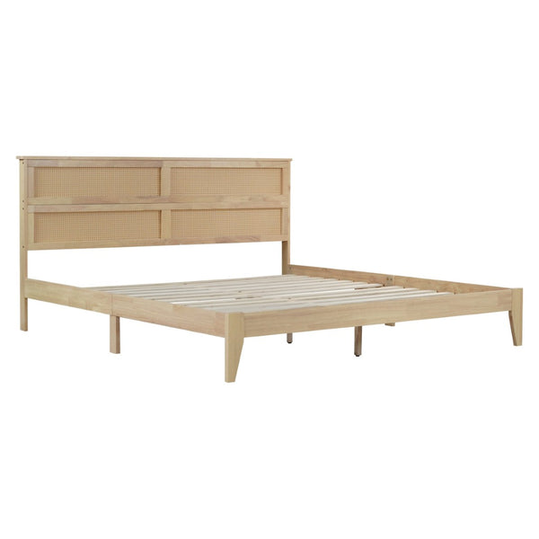 English Elm King Rubberwood Platform Bed with Woven Rattan Headboard for Coastal Boho Bedrooms W504P444380