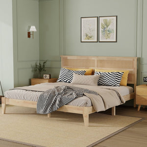 English Elm King Rubberwood Platform Bed with Woven Rattan Headboard for Coastal Boho Bedrooms W504P444380