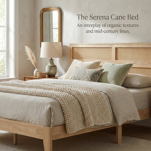 English Elm King Rubberwood Platform Bed with Woven Rattan Headboard for Coastal Boho Bedrooms W504P444380