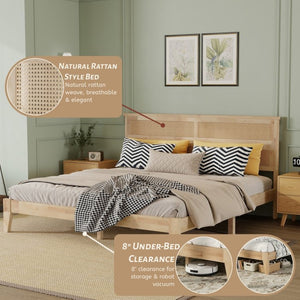 English Elm King Rubberwood Platform Bed with Woven Rattan Headboard for Coastal Boho Bedrooms W504P444380