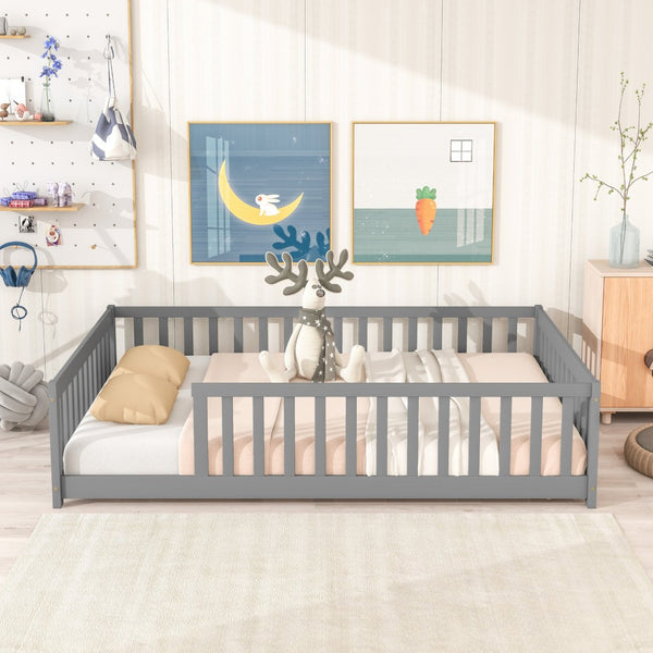 English Elm Full Size Montessori Floor Bed Rubberwood Frame with Safety Guardrails for Kids Grey W504P454739