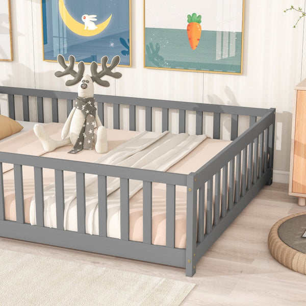 English Elm Full Size Montessori Floor Bed Rubberwood Frame with Safety Guardrails for Kids Grey W504P454739