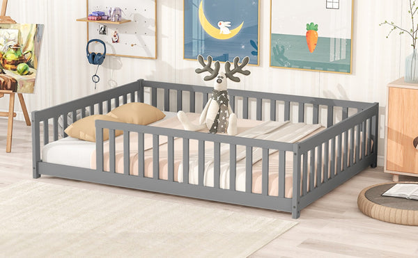English Elm Full Size Montessori Floor Bed Rubberwood Frame with Safety Guardrails for Kids Grey W504P454739