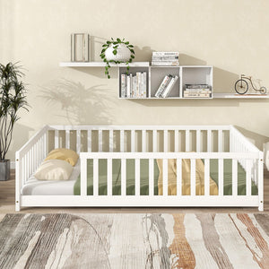 English Elm Full Size Montessori Floor Bed Rubberwood Frame with Safety Guardrails for Kids White W504P454743