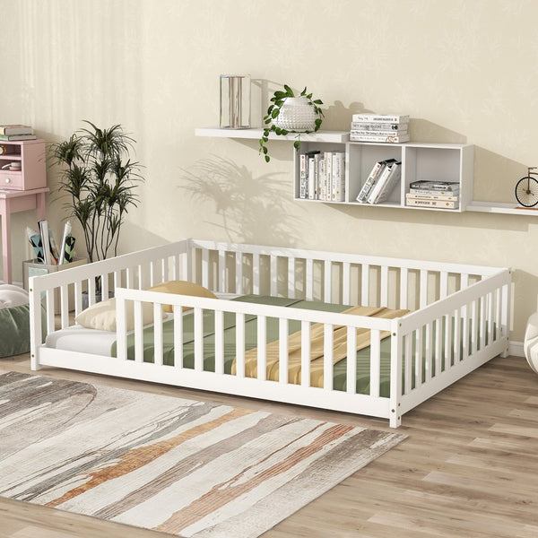 English Elm Full Size Montessori Floor Bed Rubberwood Frame with Safety Guardrails for Kids White W504P454743