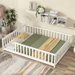 English Elm Full Size Montessori Floor Bed Rubberwood Frame with Safety Guardrails for Kids White W504P454743
