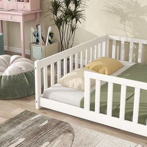 English Elm Full Size Montessori Floor Bed Rubberwood Frame with Safety Guardrails for Kids White W504P454743