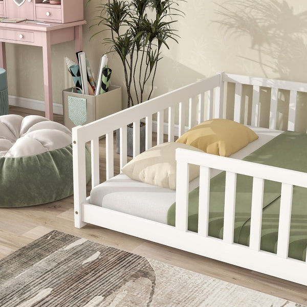 English Elm Full Size Montessori Floor Bed Rubberwood Frame with Safety Guardrails for Kids White W504P454743