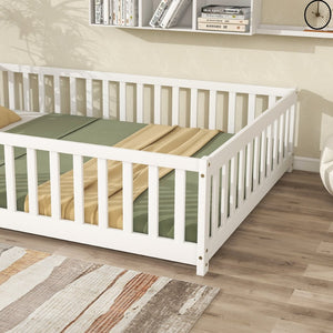 English Elm Full Size Montessori Floor Bed Rubberwood Frame with Safety Guardrails for Kids White W504P454743