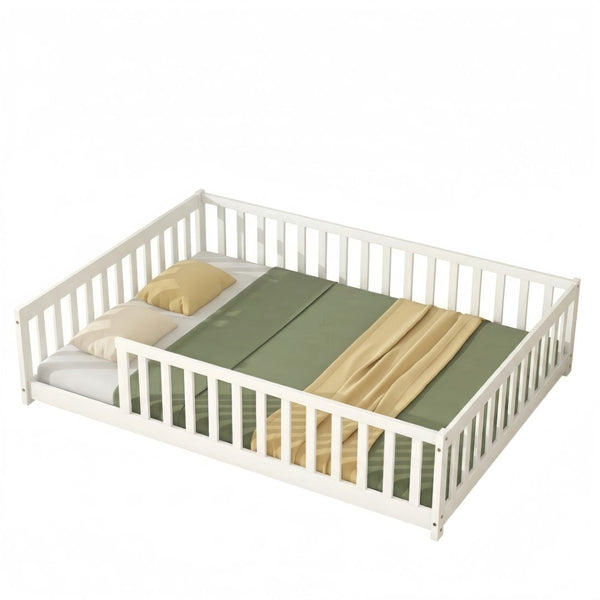 English Elm Full Size Montessori Floor Bed Rubberwood Frame with Safety Guardrails for Kids White W504P454743