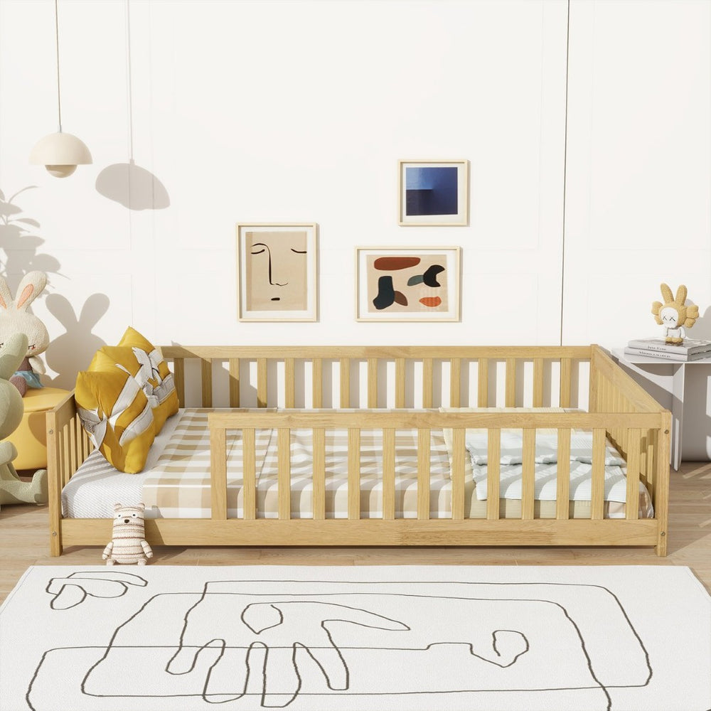 English Elm Full Size Rubberwood Floor Bed with Toddler Guardrails Low Profile Natural Finish W504P454747