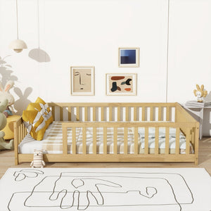 English Elm Full Size Rubberwood Floor Bed with Toddler Guardrails Low Profile Natural Finish W504P454747