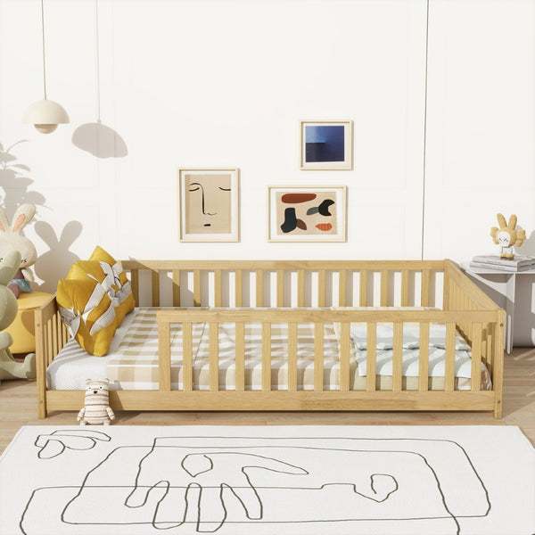 English Elm Full Size Rubberwood Floor Bed with Toddler Guardrails Low Profile Natural Finish W504P454747