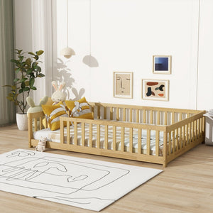 English Elm Full Size Rubberwood Floor Bed with Toddler Guardrails Low Profile Natural Finish W504P454747