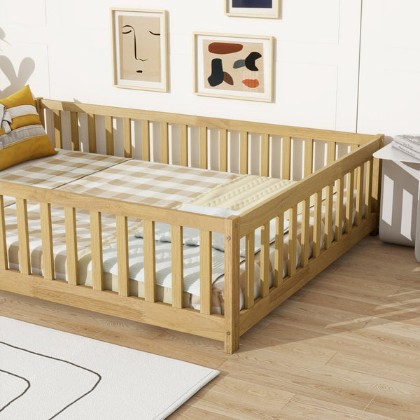 English Elm Full Size Rubberwood Floor Bed with Toddler Guardrails Low Profile Natural Finish W504P454747