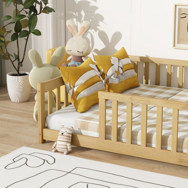 English Elm Full Size Rubberwood Floor Bed with Toddler Guardrails Low Profile Natural Finish W504P454747