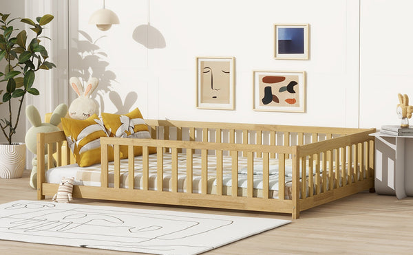 English Elm Full Size Rubberwood Floor Bed with Toddler Guardrails Low Profile Natural Finish W504P454747