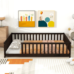 English Elm Full Size Montessori Floor Bed Rubberwood Frame with Safety Guardrails for Kids Espresso W504P454752