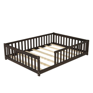 English Elm Full Size Montessori Floor Bed Rubberwood Frame with Safety Guardrails for Kids Espresso W504P454752
