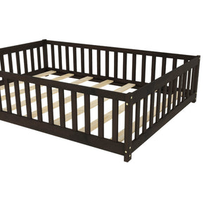 English Elm Full Size Montessori Floor Bed Rubberwood Frame with Safety Guardrails for Kids Espresso W504P454752