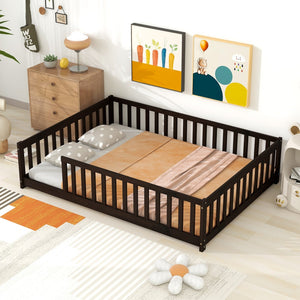 English Elm Full Size Montessori Floor Bed Rubberwood Frame with Safety Guardrails for Kids Espresso W504P454752
