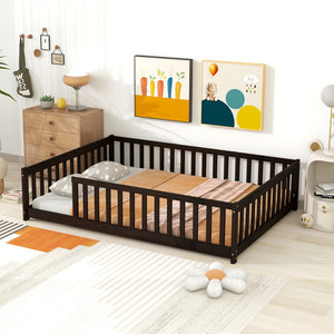 English Elm Full Size Montessori Floor Bed Rubberwood Frame with Safety Guardrails for Kids Espresso W504P454752