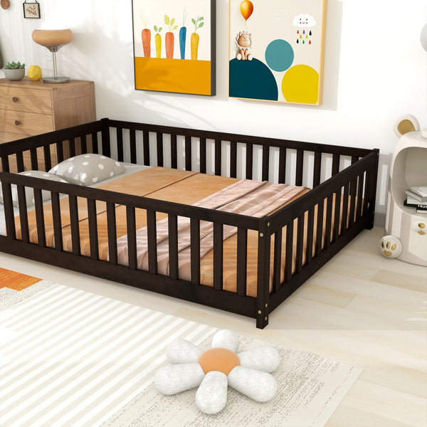 English Elm Full Size Montessori Floor Bed Rubberwood Frame with Safety Guardrails for Kids Espresso W504P454752