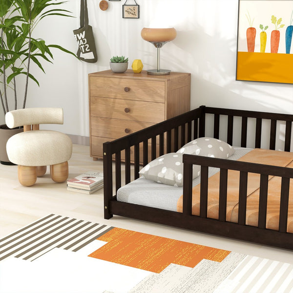 English Elm Full Size Montessori Floor Bed Rubberwood Frame with Safety Guardrails for Kids Espresso W504P454752